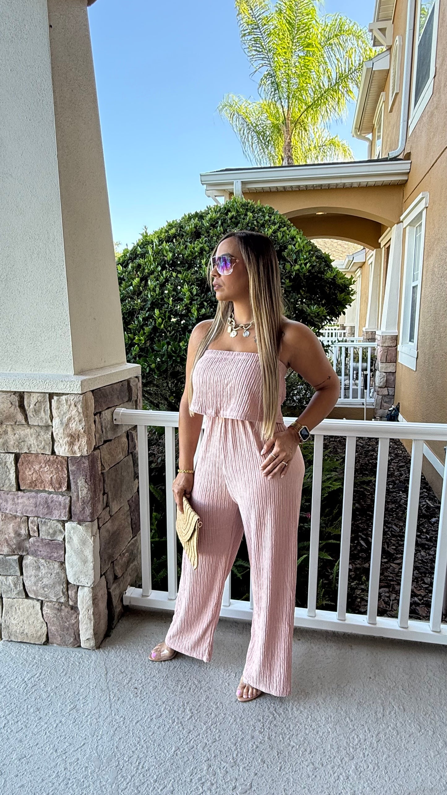 Soft Glow Strapless Jumpsuit – Blush