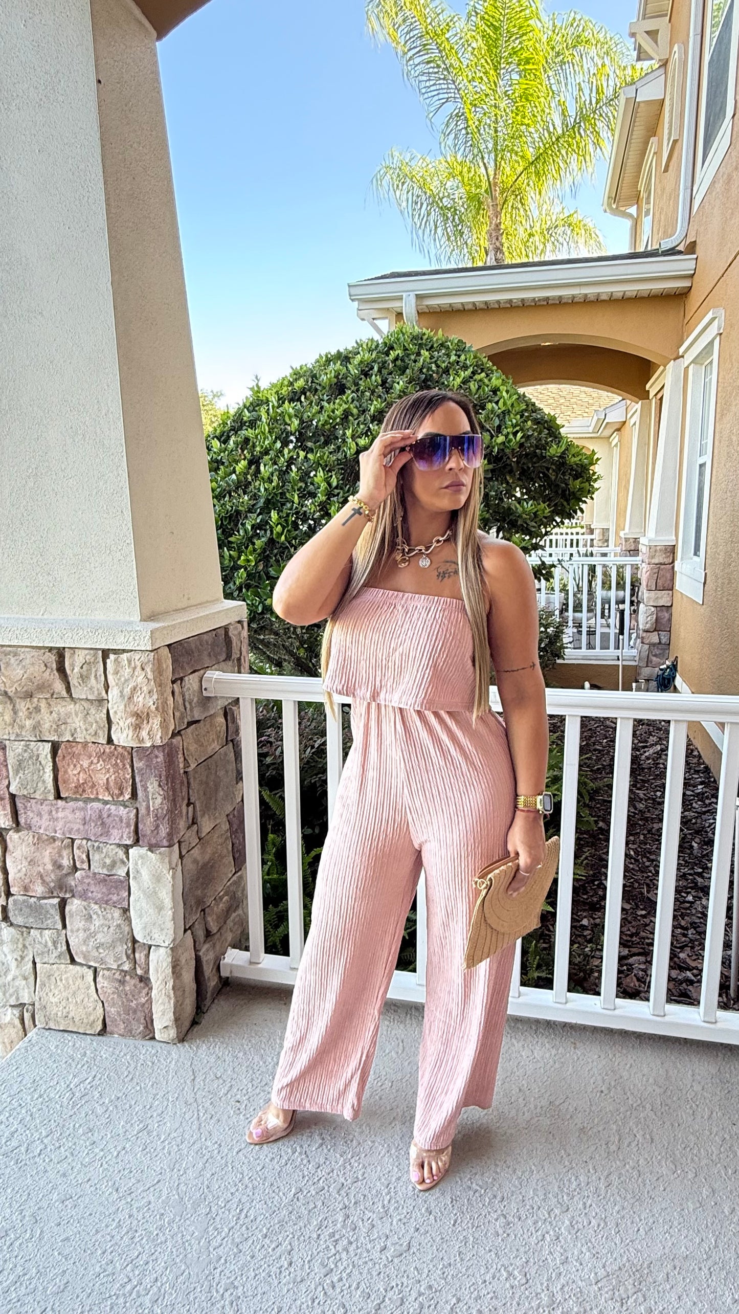 Soft Glow Strapless Jumpsuit – Blush